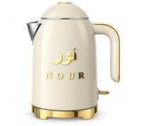 NOUR HOME Bouilloire Électrique Rétro 1,7L Beige et Doré, Modèle KE-1309D | Design oriental, finition laquée brillante, corps inox, 2200 W, arrêt automatique, base 360°, logo doré en relief