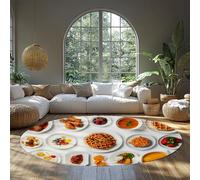 Nourriture réaliste Surface Ronde Tapis Lavable Antidérapant Tapisses à Poil Bas Œufs au Plat Poulet rôti Bols de Fruits Tapis pour Cuisine Salle à Manger Appartement 160x160cm