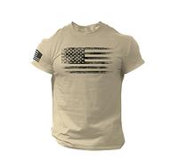 Nouveau 2023 - O T-shirt à manches courtes avec col court vieilli et drapeau américain pour homme T-shirt imprimé pour homme, kaki, XL