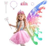Nouveau Ailes électriques avec robe de princesse pour fille, Light Up Moving Butterfly Wings enfants avec LED Light&Music, costume de princesse avec couronne/baguette magique/bracelets Ailes de fée