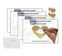 NOUVEAU : Carte d'Annonce à Gratter avec Stickers Cœur, Kit de 4 Cartes 10x15 cm, 4 Enveloppes, parfait mariage, témoin, grossesse, papi, mamie, parrain, marraine, idéal pour révéler le sexe