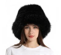 Nouveau chapeau seau super moelleux style cosaque en fausse fourrure duveteuse - Chapeaux d'hiver pour femmes, Noir , Taille unique