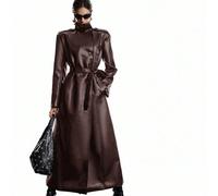 Nouveau coupe-vent mode en PU brun café à manches longues avec lien, vêtement d'automne/hiver pour femmes, tenue du Nouvel An, style de Noël, style de rue, style de Stockholm L,M,S,XSUnicolorePolyurét