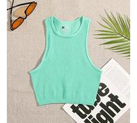 Nouveau Crop Top Femmes Solide Basique T-Shirts Gilet sans Couture Streetwear Élastique Côtelé Tricot sans Manches Casual Débardeurs Femme-Vert Clair,M