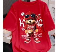 Nouveau design T-shirt imprimé ours de bande dessinée, femmes col rond, Top mode ample et décontracté, convient pour le port quotidien au printemps/été L,M,S,XLAnimal,Blocs de couleur,LettresPolyester