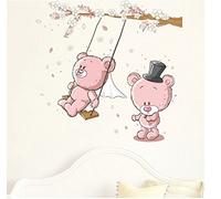 NOUVEAU Deux ours en peluche sur une balançoire Fleurs Rose Bébé Des gamins Accueil Décor Élégant Moderne Sticker mural Fille Fleurs Salon Chambre Décoration Garderie Decal Décalcomanies Autocollants