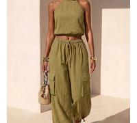 Nouveau ensemble deux pièces d'été boho vacances style occidental nomade décontracté : débardeur dos nu à col montant jaune moutarde + pantalon cargo style jogging. Convient pour les vacances, les fes