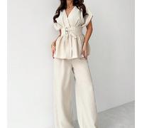 Nouveau ensemble élégant et minimaliste de tous les jours, composé d'un cardigan en tissu de bambou abricot à col V avec ceinture à la taille et d'un pantalon droit à jambes larges et taille haute L,M