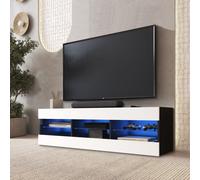 Komodee Banc TV Tivoli, Blanc Noir, Largeur 140 cm x Hauteur 40,5 cm x Profondeur 35,5 cm, LED Bleues, pour Salon, Chambre