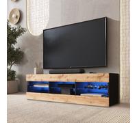 Komodee Banc TV Tivoli, Wotan Noir, Largeur 140 cm x Hauteur 40,5 cm x Profondeur 35,5 cm, LED Bleues, pour Salon, Chambre
