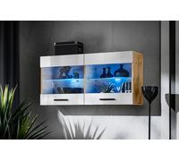 NOUVEAU komodee Savona Vitrine Armoire Mural, Blanc Noir Bois, LED