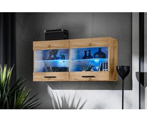 NOUVEAU komodee Savona Vitrine Armoire Mural, Blanc Noir Bois, LED