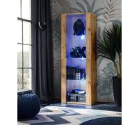 NOUVEAU komodee Tivoli Vitrine, Blanc Noir Chêne Bois, Étagères en verre, LED