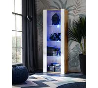 NOUVEAU komodee Tivoli Vitrine, Blanc Noir Chêne Bois, Étagères en verre, LED