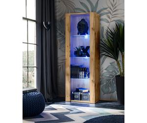 NOUVEAU komodee Tivoli Vitrine, Blanc Noir Chêne Bois, Étagères en verre, LED