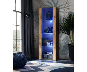 NOUVEAU komodee Tivoli Vitrine, Blanc Noir Chêne Bois, Étagères en verre, LED