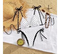 Nouveau maillot de bain à la mode pour femmes. Ensemble de bikini réversible élégant et mignon en 2 pièces. Design double face avec imprimé à pois jaune citron et marron chocolat. Top triangle avec nœ