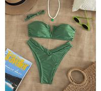 Nouveau Maillot de bain Chiccia Arrivée Femmes Élégant Minimaliste Style Vacances Plage unicolore Vert Olive Brillant Tissu de Luxe 2 Pièces Bikini, Bandeau Top avec Détail en V-Wire et Bretelle ras-d
