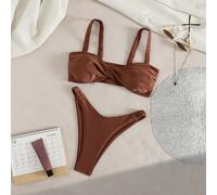 Nouveau Maillot de bain Chiccia pour femmes, élégant et chic, en tissu brillant de couleur marron moka. Ensemble de bikini avec Top bandeau torsadé et bretelles réglables, bas brésilien échancré. Tenu