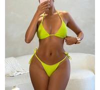 Nouveau maillot de bain texturé jaune fluo qui brille dans le noir, avec liens sur les côtés et coupe haute. Ensemble bikini deux pièces avec Top triangle pour les vacances à la plage L,M,S,XLBlocs de