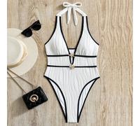 Nouveau maillot de bain une pièce d'été en tissu texturé avec épissure noire et blanche, liens de couleur contrastée, décolleté en V profond, décoration d'étoile de mer métallique brillante, dos ajour