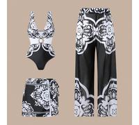 Nouveau maillot de bain une pièce imprimé 3 pièces pour femmes avec jupe, pantalon en maille, tenue de plage décontractée, été 2025 L,M,S,XLPlantes,Tout ImpriméTissu tricoté,Tissu en tulle,Tissu du ma