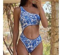 Nouveau maillot de bain une pièce vintage pour femmes avec imprimé floral et découpes, bordure en dentelle bleue. Maillot de bain sexy et mignon pour les vacances, la croisière et la plage L,M,S,XLImp