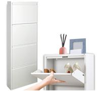 Nouveau meuble à chaussures | étroit| Blanc | 4 portes|avec tiroir de rangement supplémentaire| Rien à monter| 8-12 paires de chaussures et bottes| en acier fin| garantie 15 ans | intérieur/extérieur