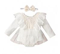 Nouveau-Né Bébé Fille Dentelle Barboteuse à Volants Manche Longue Body Une Pièce Princesse Body Tutu Tulle Robe Avec Fleur Bandeau 1Er Anniversaire Tenue Baptême Photoshoot Costumes Blanc 9-12 Mois