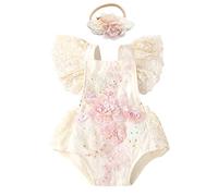 Nouveau-Né BéBé Fille Dentelle Barboteuse Broderie Florale Volants Sans Manches Body Une Pièce Princesse Body Tutu Robe Avec Bandeau Photoshoot Costumes été Vêtements Ensemble Beige + Rose 18-24 Mois