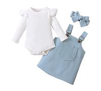 Nouveau-né Bébé Fille Vêtements 3Pcs Ensemble Jupe Porte Jarretelles et Haut Combinaison à Volants Manches Longues +Bandeau à Bowknot Tenue Set Infantile Automne Hiver 0-18M (Bleu, 80/3-6 Mois)