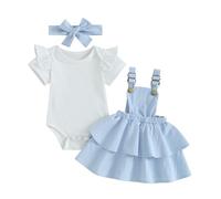 Nouveau-né Bébé Fille Vêtements 3Pcs Ensemble Jupe Porte Jarretelles et Haut Combinaison à Volants Manches Longues + Bandeau Tenue Set Infantile Automne Hiver 0-18M (Bleu Volants, 3-6 Months)