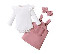 Nouveau-né Bébé Fille Vêtements 3Pcs Ensemble Jupe Porte Jarretelles et Haut Combinaison à Volants Manches Longues +Bandeau à Bowknot Tenue Set Infantile Automne Hiver 0-18M (Rose, 70/0-3 Mois)
