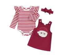 Nouveau-né Bébé Fille Vêtements 3Pcs Ensemble Jupe Porte Jarretelles et Haut Combinaison à Volants Manches Longues +Bandeau Tenue Set Infantile Automne Hiver 0-18M (Rouge Père Noël, 0-3 Months)