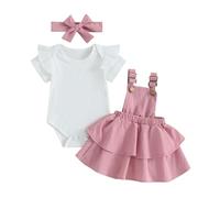 Nouveau-né Bébé Fille Vêtements 3Pcs Ensemble Jupe Porte Jarretelles et Haut Combinaison à Volants Manches Longues + Bandeau Tenue Set Infantile Automne Hiver 0-18M (Rose Volants, 0-3 Months)