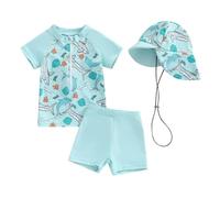 Nouveau-né Bébé Garçon Maillot de Bain Anti-UV Tee Shirt Manches Courtes et Short de Bain avec Chapeau Ensemble 3 Pièces Costume de Natation Piscine (Bleu Clair, 3-4 Years)