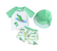 Nouveau-né Bébé Garçon Maillot de Bain Anti-UV Tee Shirt Manches Courtes et Short de Bain avec Chapeau Ensemble 3 Pièces Costume de Natation Piscine (Vert Dinosaures, 12-18 Months)