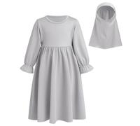 Nouveau-né Robe de Prière Musulmane Abaya pour Bébé Fille, Enfants en Bas âge Manches Longues Robe Maxi Islamique Kaftan avec Hijab Ensemble Deux Pièces Moyen Orient Arabe Dubai Robe Gris 6-12 Mois