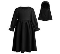 Nouveau-né Robe de Prière Musulmane Abaya pour Bébé Fille, Enfants en Bas âge Manches Longues Robe Maxi Islamique Kaftan avec Hijab Ensemble Deux Pièces Moyen Orient Arabe Dubai Robe Noir 18-24 Mois