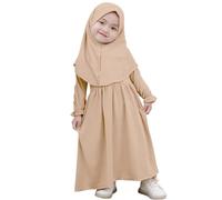 Nouveau-né Robe de Prière Musulmane Abaya pour Bébé Fille, Enfants en Bas âge Manches Longues Robe Maxi Islamique Kaftan avec Hijab Ensemble Moyen Orient Arabe Dubai Robe Kaki 18-24 Mois