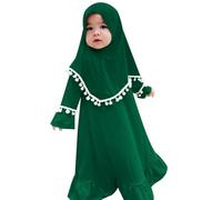 Nouveau-né Robe de Prière pour Bébé Fille, Vêtements Musulmans pour Enfants Abaya à Manches Longues avec Hijab Maxi Ensemble Robe Islamique Kaftan Moyen Orient Arabe Dubai Robe Vert Foncé 2-3 Ans
