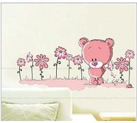 NOUVEAU Ours en peluche rose Sticker mural Fille Fleurs Salon Chambre Décoration Garderie Decal Décalcomanies Autocollants Bébé Des gamins Accueil Décor Élégant Moderne