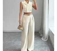 Nouveau printemps/été Élégant décontracté mode bureau navette retour à l'école veste courte sans manches col, poches pantalon droit ample, ensemble 2 pièces en tissu unicolore pour femmes L,M,S,XSUnic