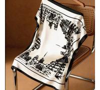 Nouveau printemps/été Élégant décontracté Polyvalent Blouse chemise pour femmes à épaules dénudées, manches chauve-souris, ample, en satin doux avec imprimé d'architecture esquissé. Luxe discret, conv