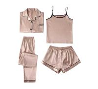 Nouveau Pyjama en Soie GlacéE De Couleur Unie pour Femmes, Ensemble De Pyjama Mince Imprimé à La Mode, Ensemble De Quatre PièCes
