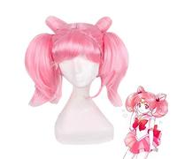 Nouveau Sailor Moon Chibiusa Cosplay Perruques Haute Température Fibre Synthétique Cheveux Rose Cheveux Courts Avec Deux Queues De Cheval + Bonnet De Perruque Gratuit PL-034