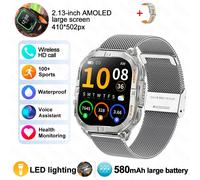 Nouveau Sport De Plein Air Montre Intelligente Hommes 2.13 "Écran Amoled Lampe De Poche 580Mah Grande Batterie Fréquence Cardiaque Étanche Bt Appel Montre Intelligente.Sliver Mesh Belt.