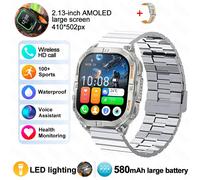 Nouveau Sport De Plein Air Montre Intelligente Hommes 2.13 "Écran Amoled Lampe De Poche 580Mah Grande Batterie Fréquence Cardiaque Étanche Bt Appel Montre Intelligente.Sliver Bamboo Steel.