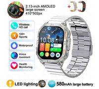Nouveau Sport De Plein Air Montre Intelligente Hommes 2.13 "Écran Amoled Lampe De Poche 580Mah Grande Batterie Fréquence Cardiaque Étanche Bt Appel Montre Intelligente.Sliver Bamboo Steela.