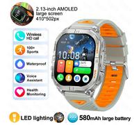 Nouveau Sport De Plein Air Montre Intelligente Hommes 2.13 "Écran Amoled Lampe De Poche 580Mah Grande Batterie Fréquence Cardiaque Étanche Bt Appel Montre Intelligente.Sliver.